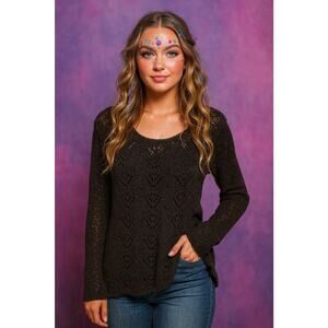 BCBG Maxazria XL Black Open Knit Crochet Sweater Top Festival Boho Hippie Grunge